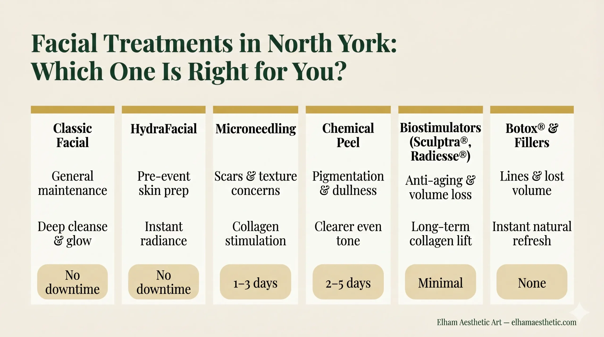 Facial treatments North York comparison chart — types, benefits and downtime guide by Elham Aesthetic Art