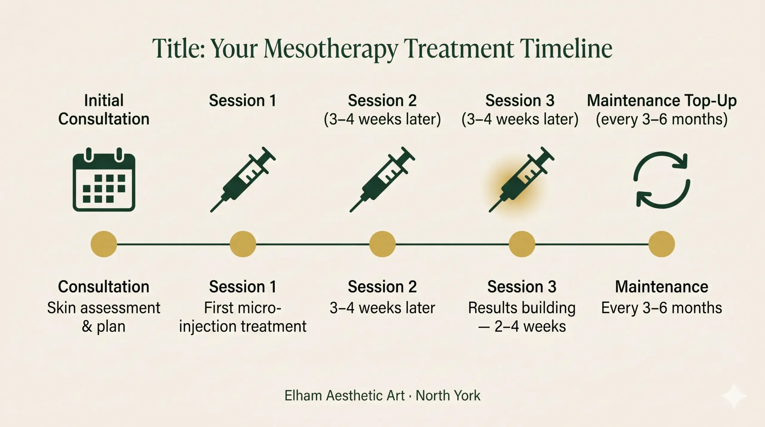 Mesotherapy treatment timeline infographic showing 3-session initial course and maintenance schedule at Elham Aesthetic Art North York 