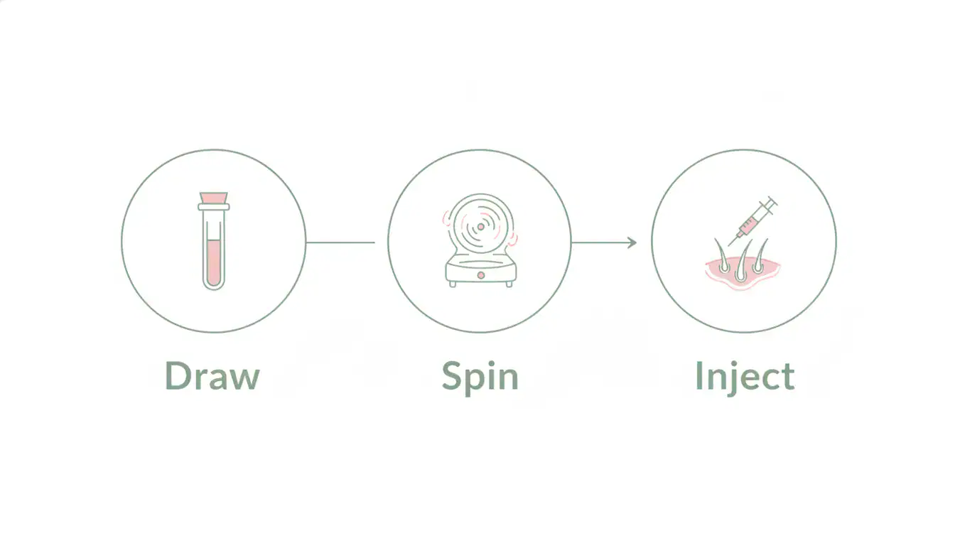 The three steps of PRP hair treatment: blood draw, centrifuge spin, scalp injection